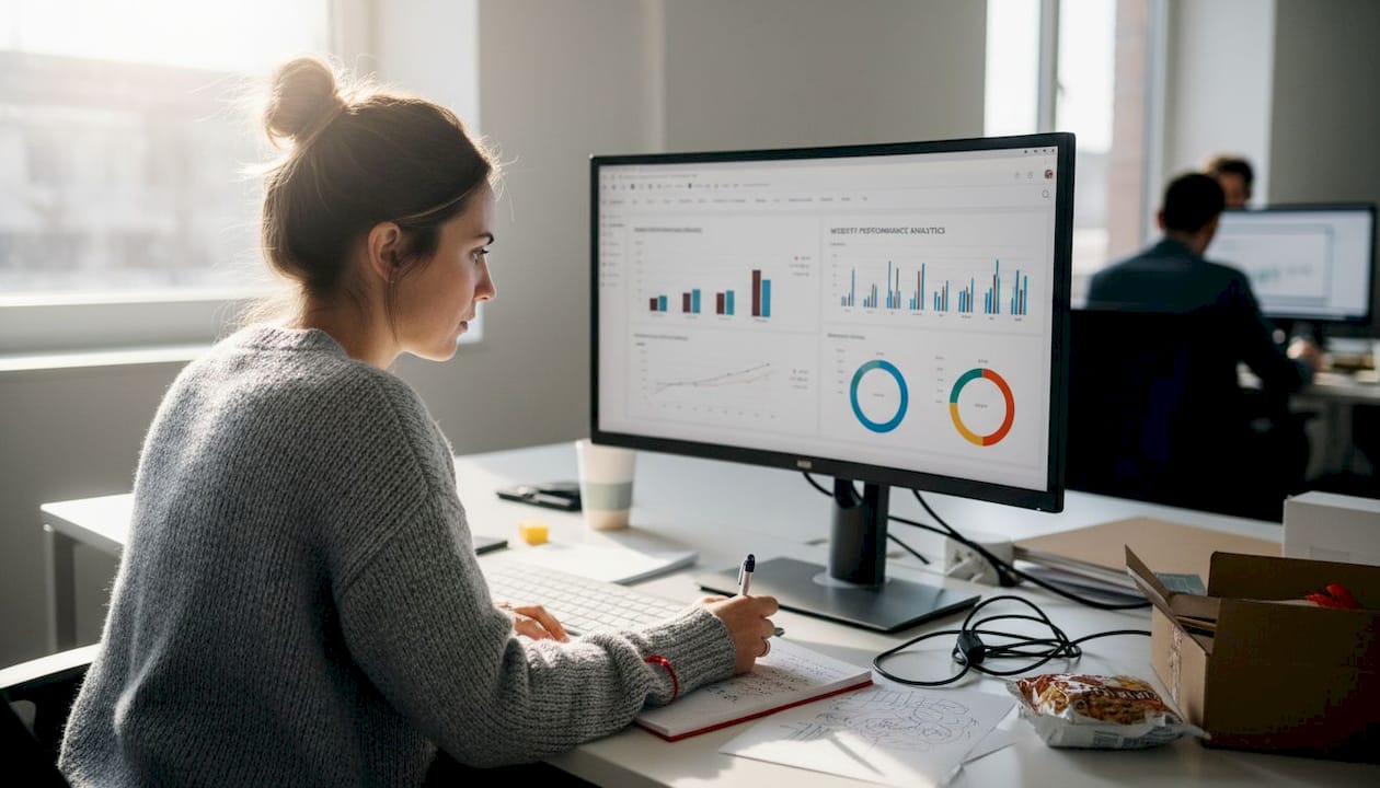 Woman analyzing ecomm analytics at messy desk