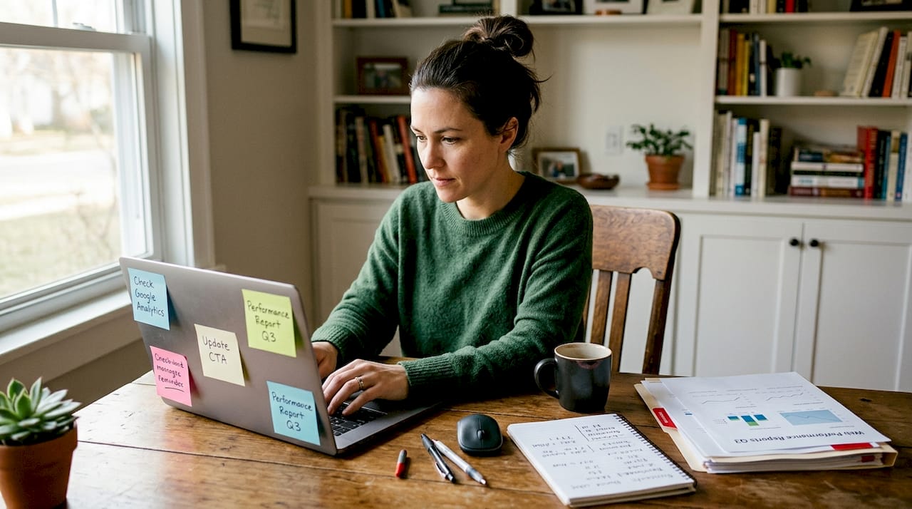 Business owner auditing website at home desk