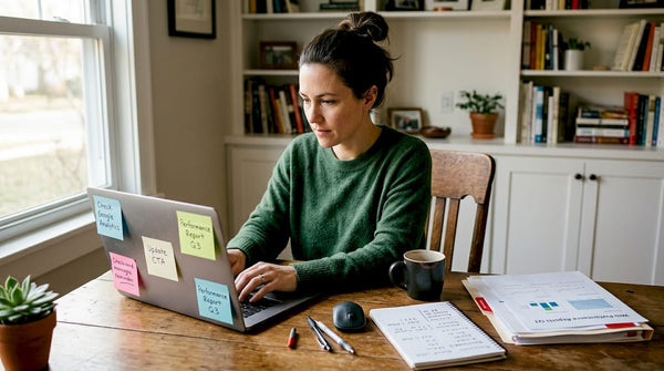 Business owner auditing website at home desk