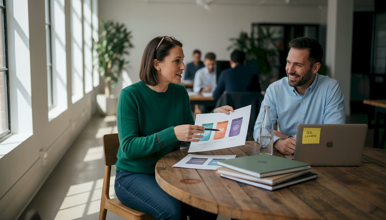 Brand manager reviews packaging at conference table