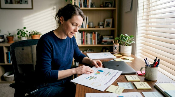 Woman reviewing CPG automation report at desk