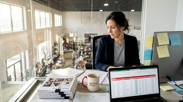 Retail owner reviews spreadsheet in office