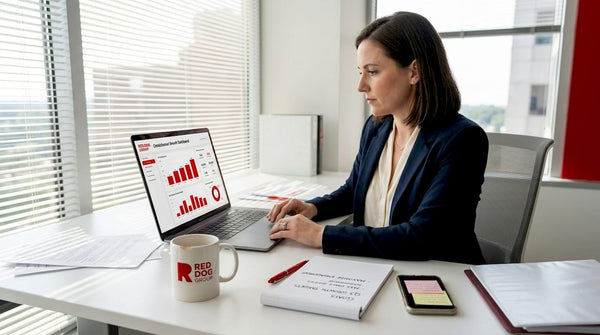 Brand manager reviews KPIs at desk