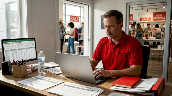 Retail manager reviewing inventory spreadsheet