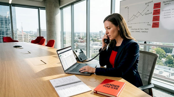 CPG manager reviewing scale plans in office workspace