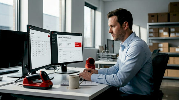 Inventory manager works at dual-monitor desk in open-plan office