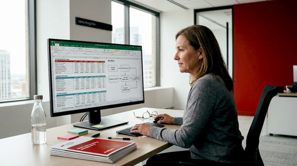 Manager reviews marketplace workflow in office