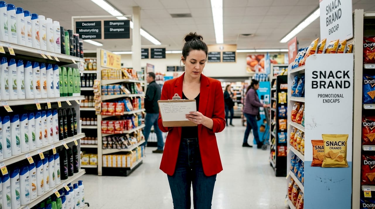 Brand manager reviewing supermarket product display