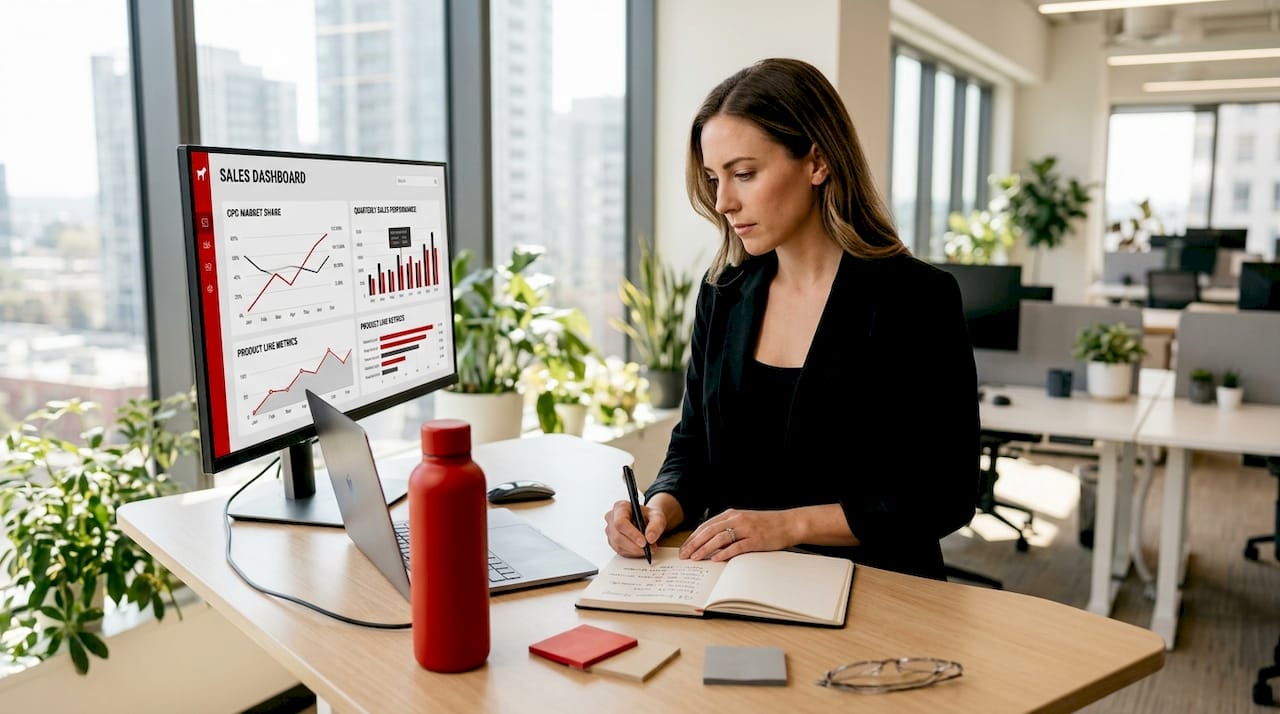 Brand manager at desk reviewing marketplace ad results