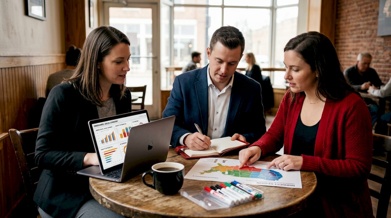 Team discusses CPG expansion strategy at workspace