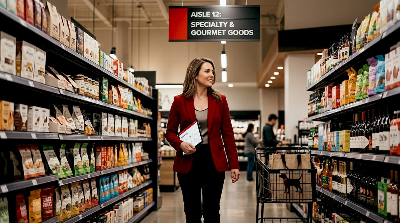 CPG founder walking supermarket aisle