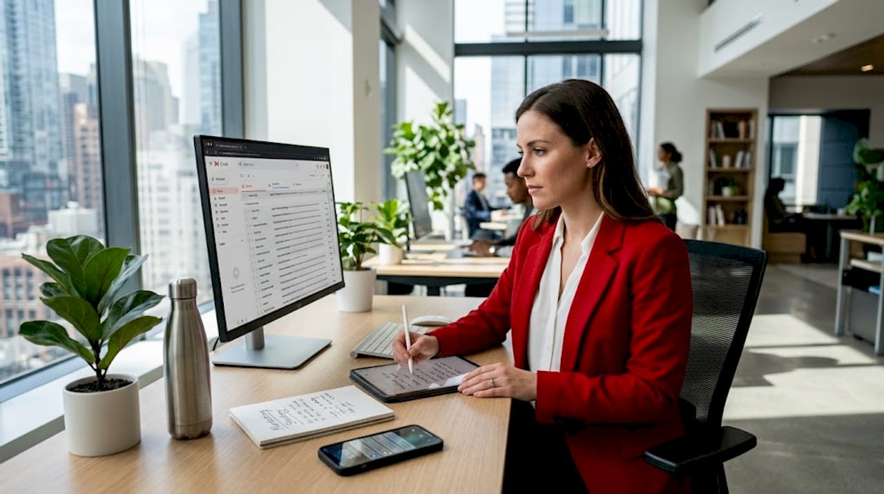 Marketer coordinating digital channels at desk
