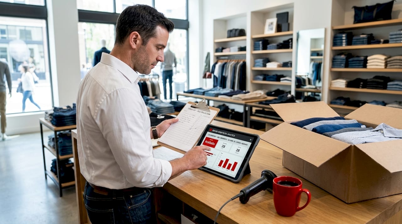 Retail manager reviewing digital inventory system