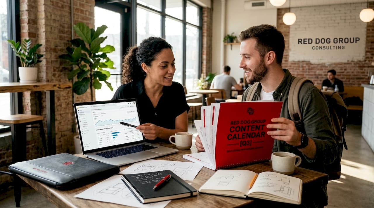 Coworking table with content marketing team collaborating