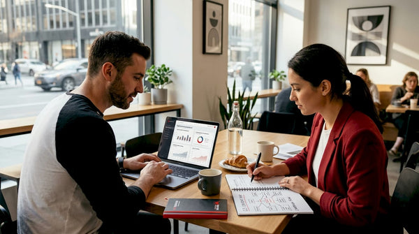 Team reviews content marketing strategy workspace