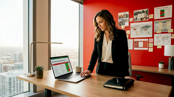 Founder reviewing readiness scorecard in office