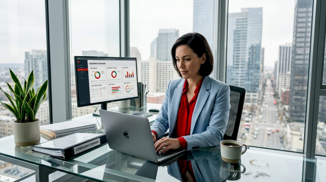 Professional reviewing marketplace compliance at office desk