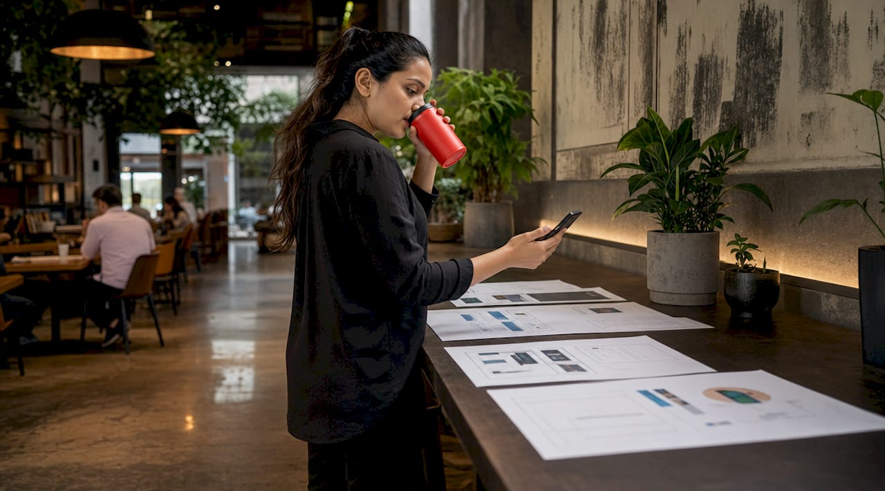 Digital marketer organizing brand and SEO materials