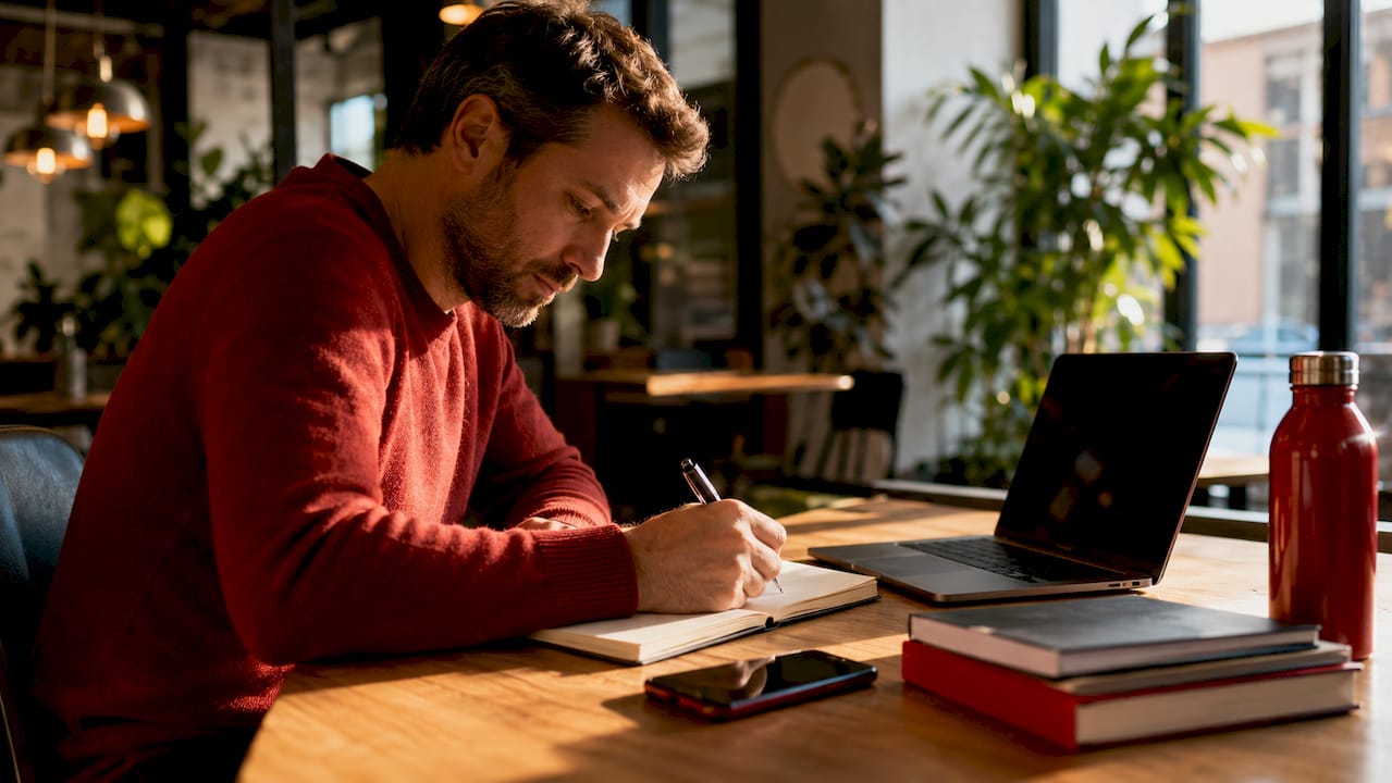 Marketer working on SEO strategy at desk