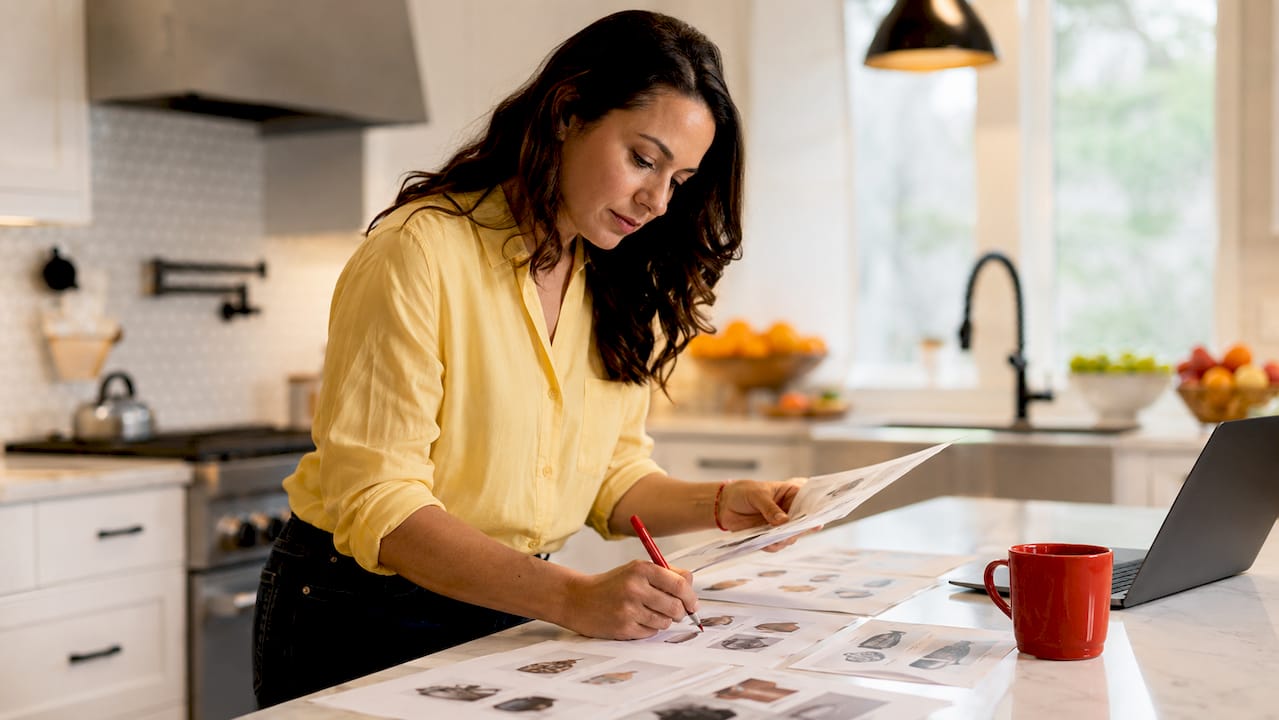Seller reviewing Amazon product listings in home office