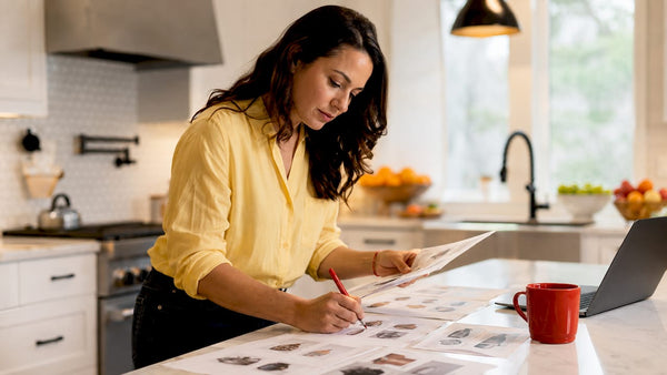 Seller reviewing Amazon product listings in home office