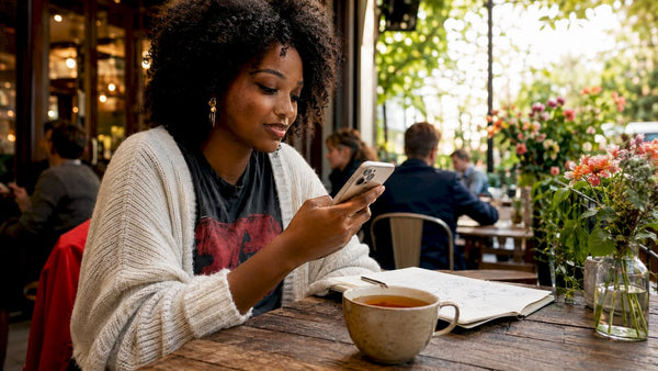Woman shopping via social media app in cafe