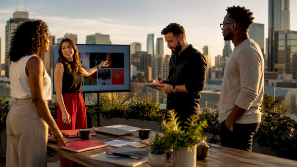Marketers collaborating on content strategy at table
