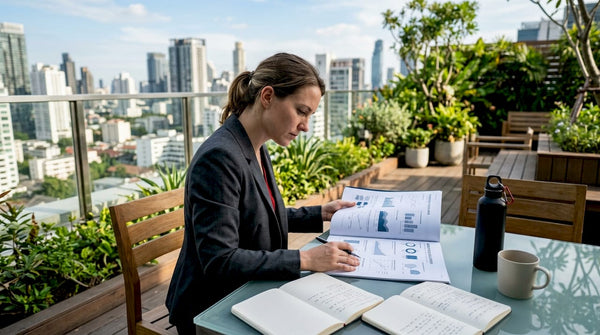 Business analyst reviewing marketplace data report