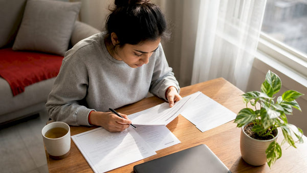 Woman working on Amazon FBA registration paperwork