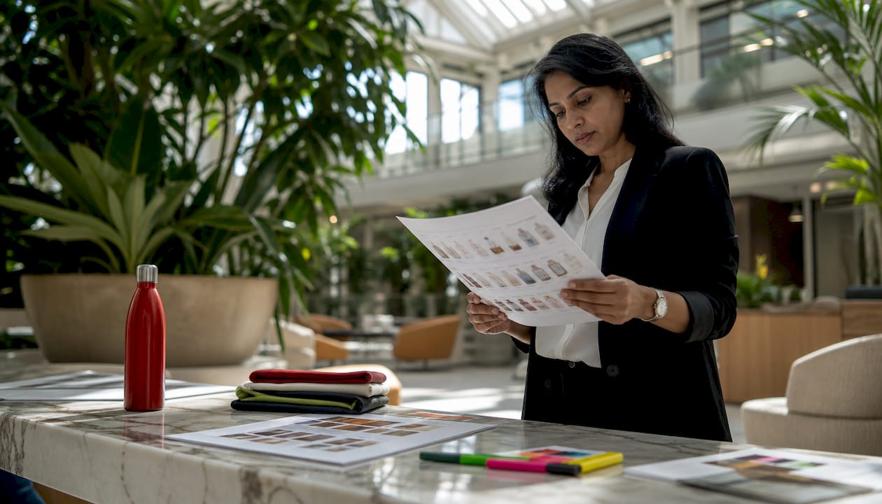 Retail manager reviewing assortment plan documents