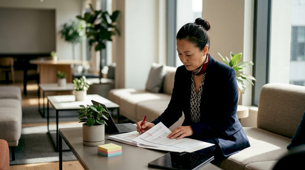 Woman analyzing SKU product lists at desk