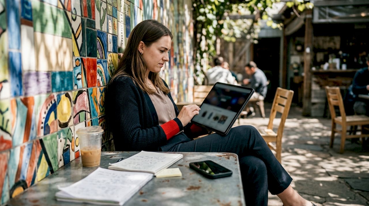 Marketer interacting with shoppable content tablet