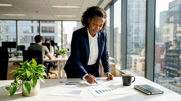 Business leader reviewing printed data charts