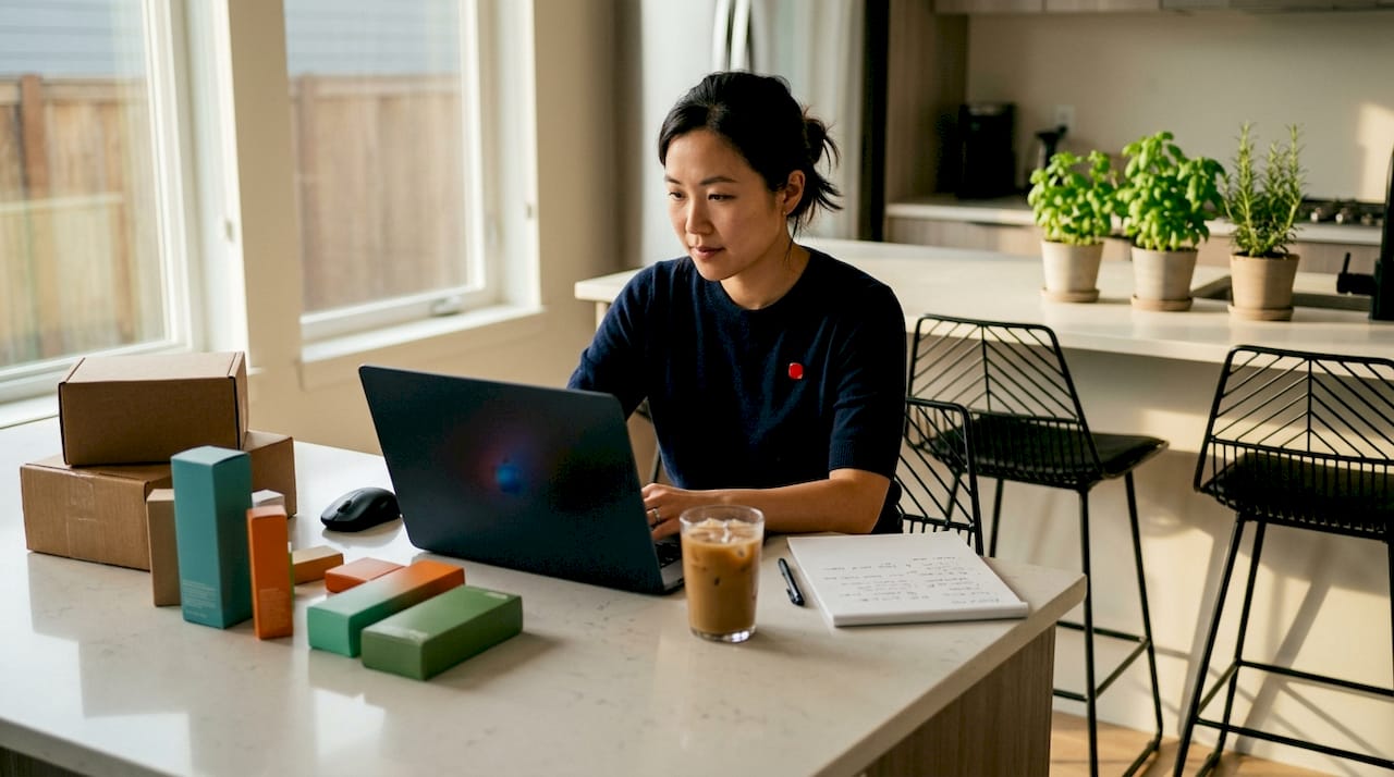 Woman setting up Amazon seller account on laptop