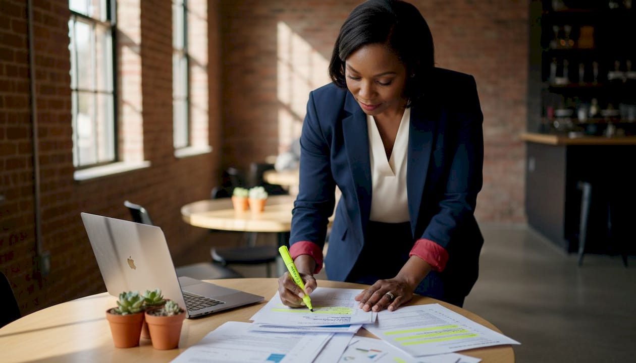 Businesswoman reviewing competitive benchmarking reports