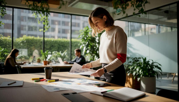 Woman analyzing customer retention data at desk
