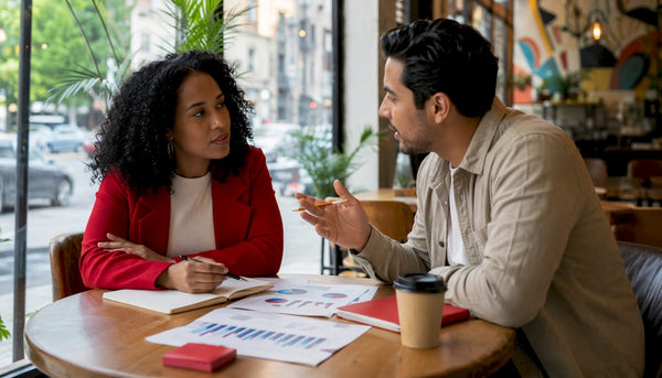 Business team discussing channel conflict around table