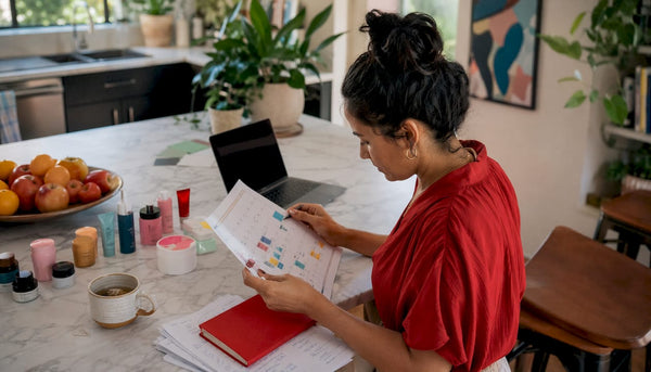 Woman reviewing CPG content calendar at desk