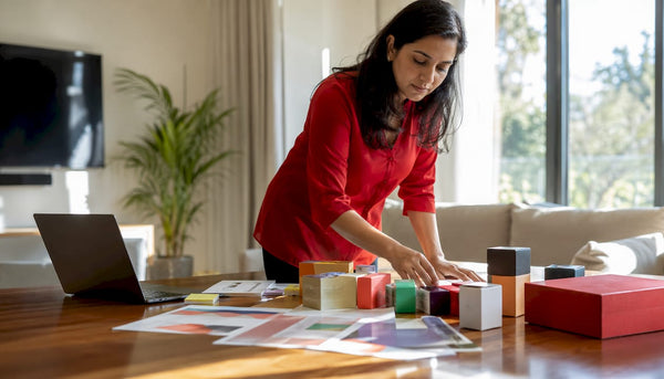 Woman organizing Amazon product listing samples at desk