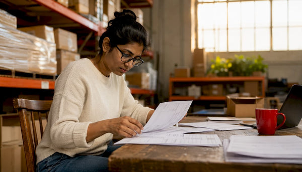 Seller reviewing inventory shipment documents in warehouse office