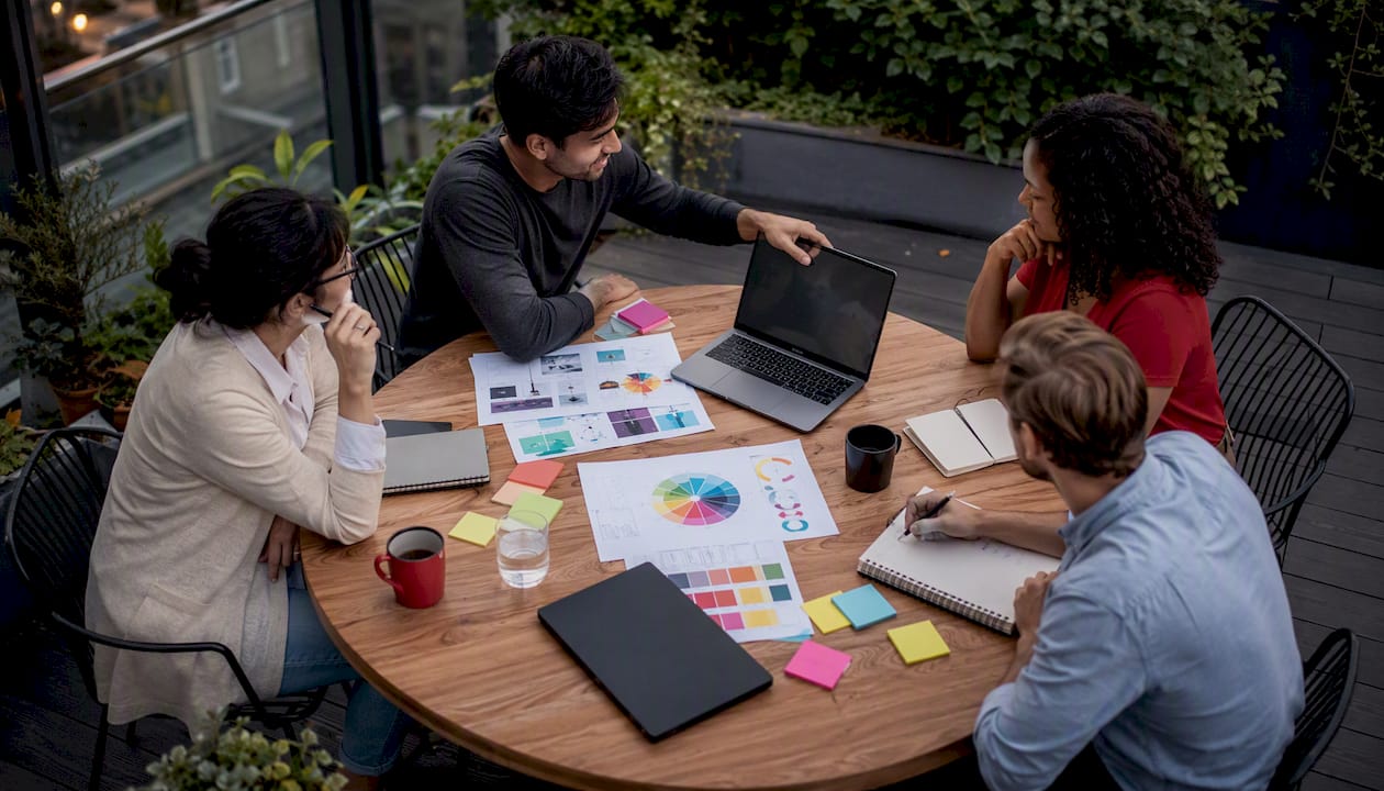 Marketing team collaborating around conference table
