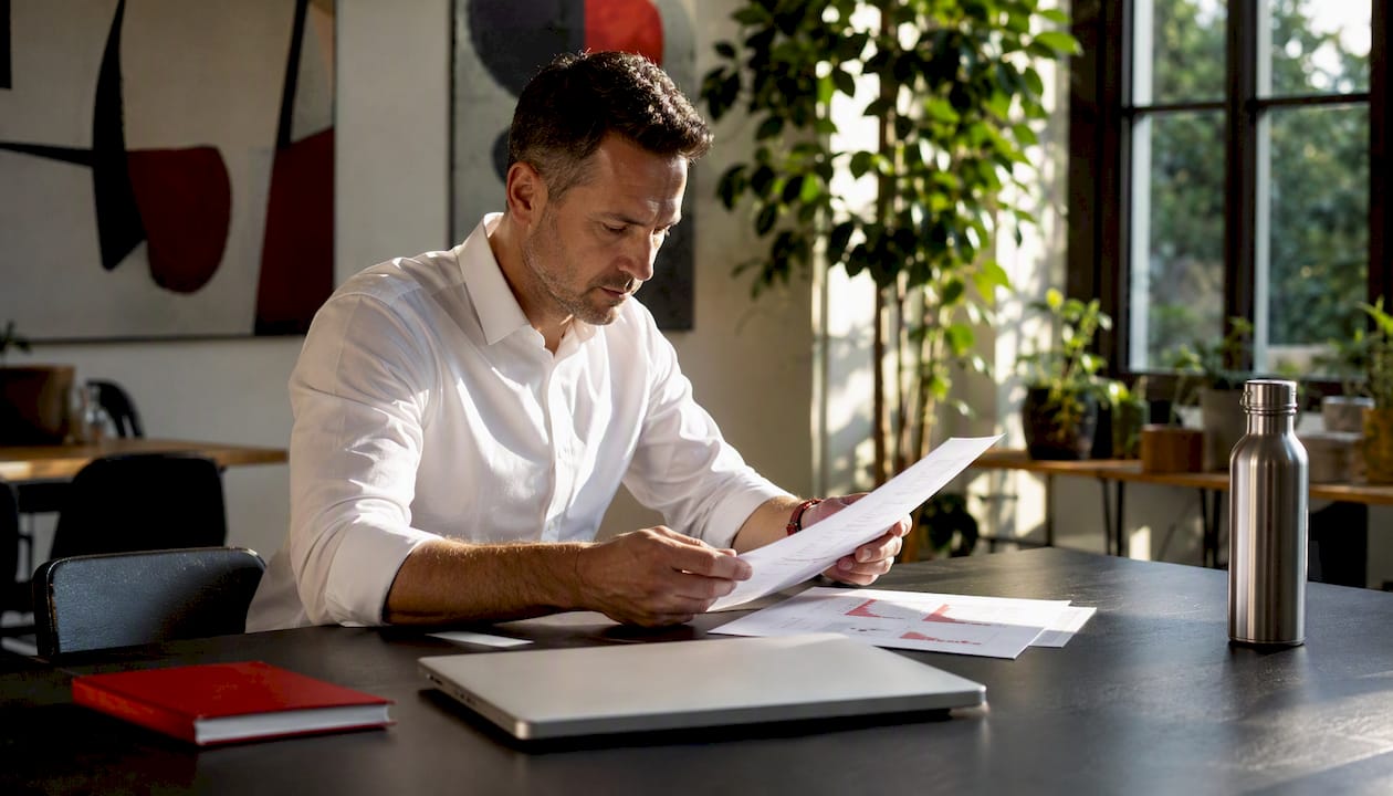 Man reviewing omnichannel CPG reports in meeting room