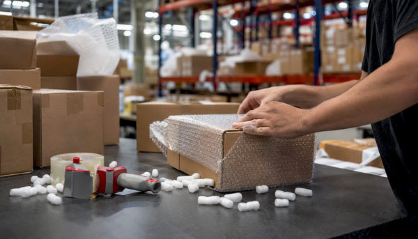 Hands packing shipping box in fulfillment center