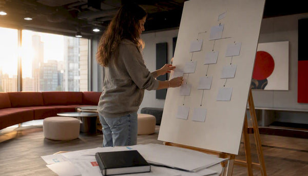 Hands arranging email marketing flowcharts