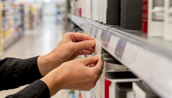Hand adjusting shelf price label in retail store