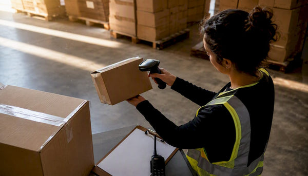Hand scanning inventory in warehouse aisle