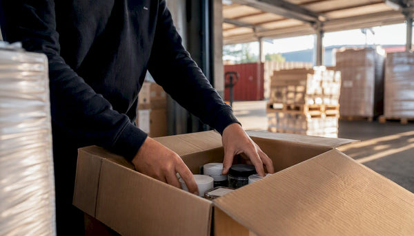 Hands packing CPG products into shipping box