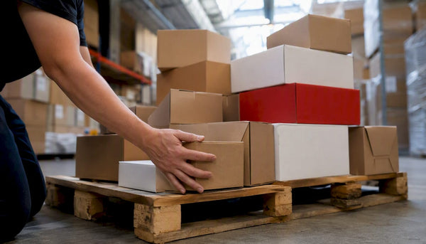 Hands packing retail parcels at warehouse dock