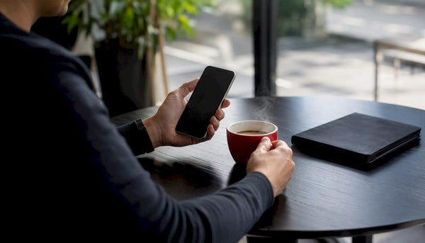 Hands holding smartphone and coffee on desk