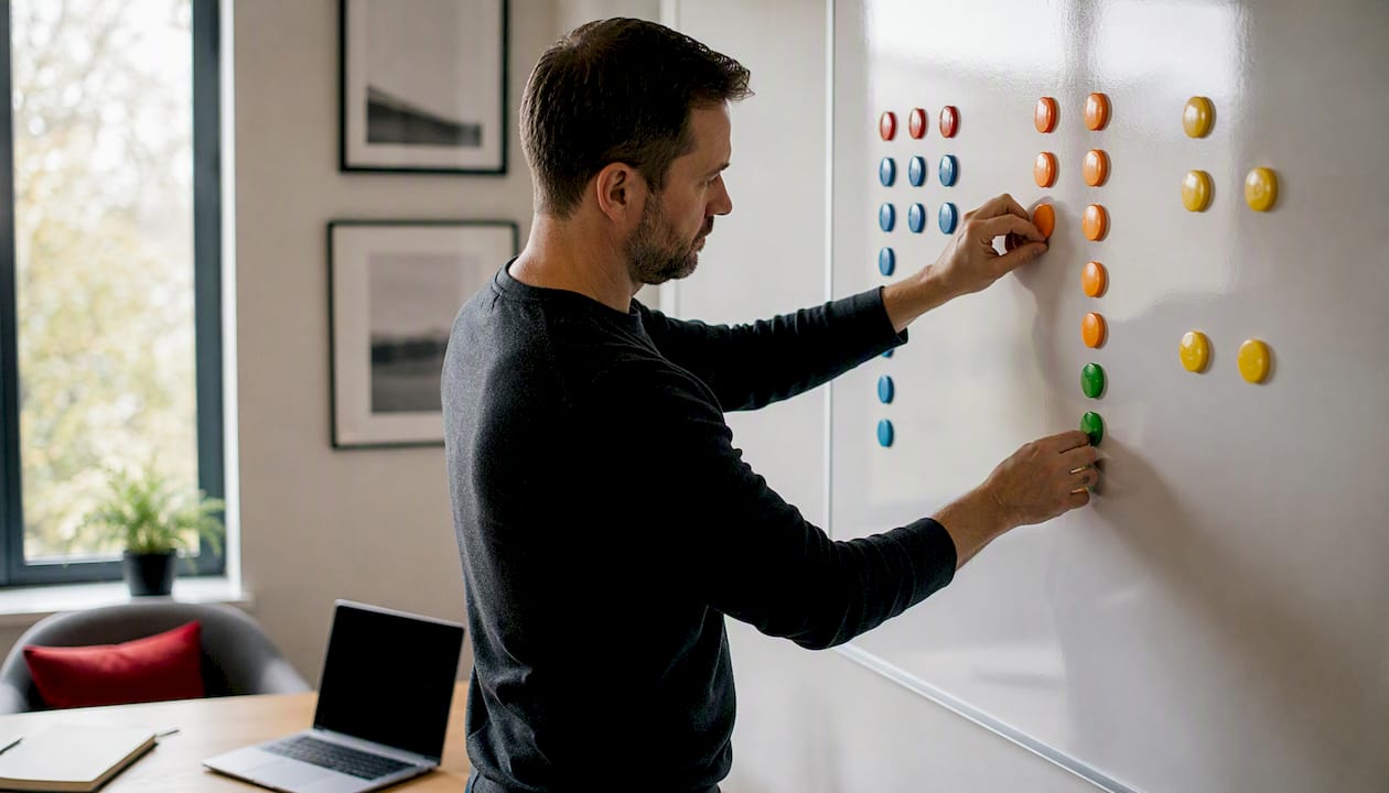 Hands arranging sales channel category tokens